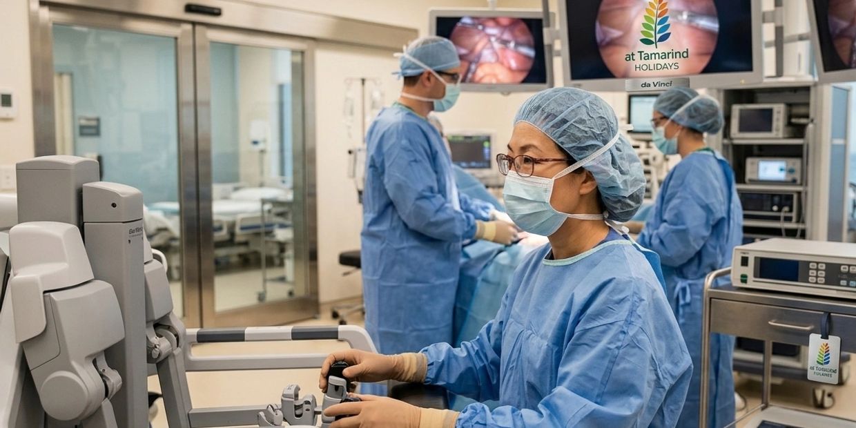 Surgeons in protective gear operate a robotic surgery system in a modern operating room.