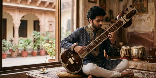 Man playing sitar in a traditional room setting.