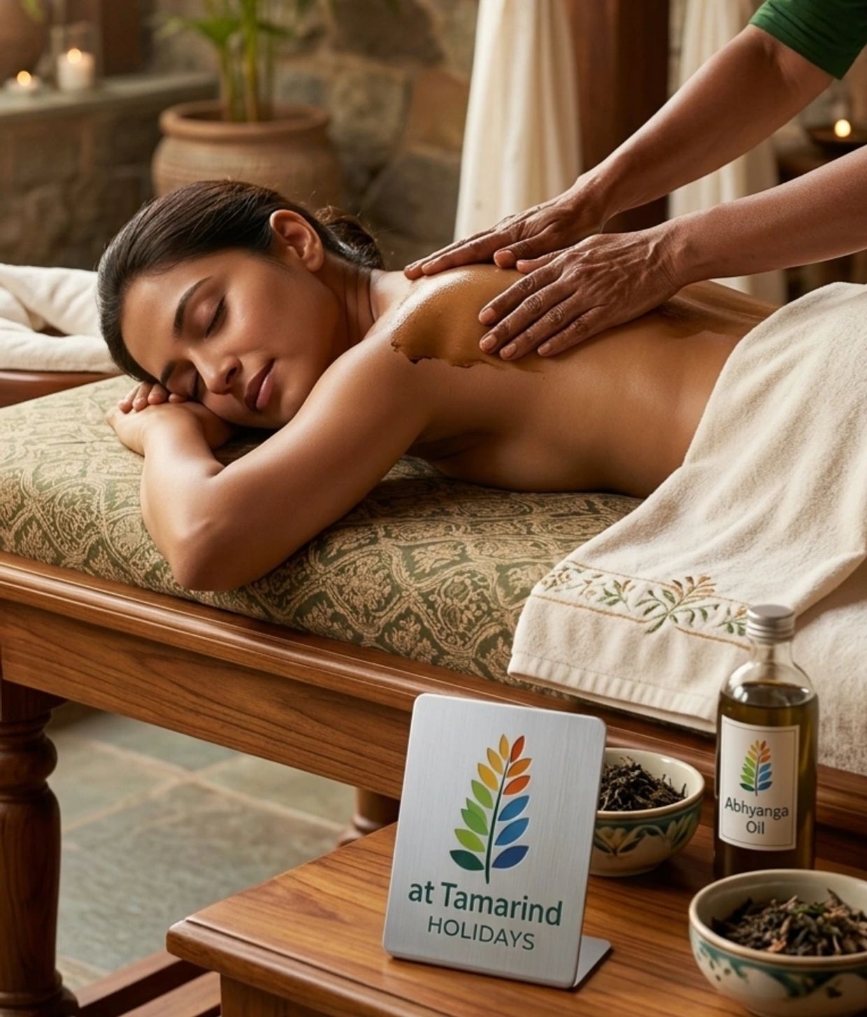 Woman enjoying a relaxing back massage with Abhyanga oil at Tamarind Holidays spa.