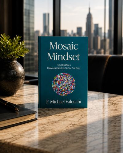 Book titled Mosaic Mindset by F. Michael Valocchi on a marble table.