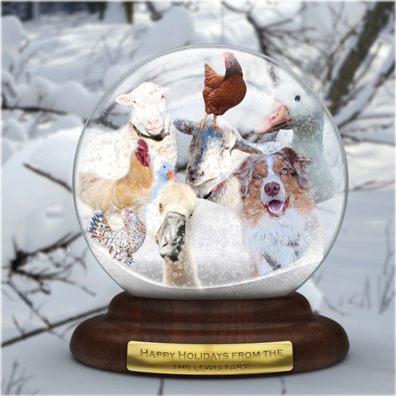 Farm animals and a dog inside a festive snow globe with a holiday message.