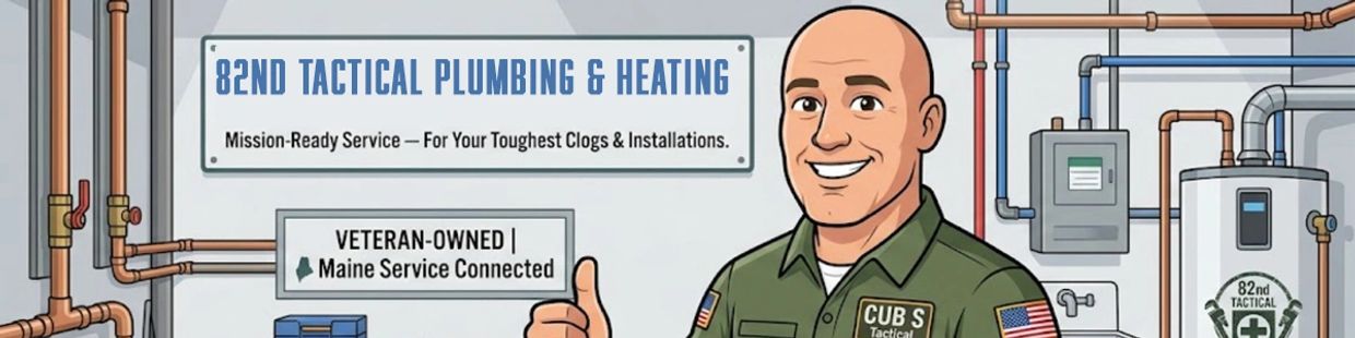 Cartoon plumber gives thumbs up for 82nd Tactical Plumbing &amp; Heating.