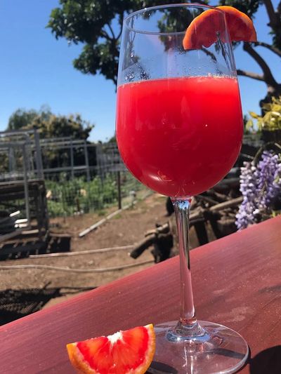 A drink on a table at Kallisto Farms