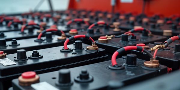 Close-up of industrial batteries connected by red and black cables.