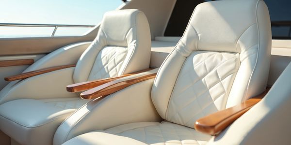 Luxurious white leather seats with wooden armrests inside a yacht.