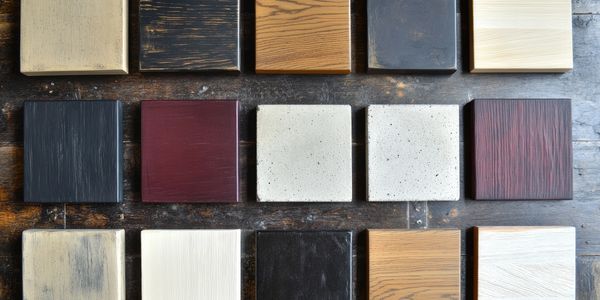 A collection of various wooden and textured square samples arranged neatly.
