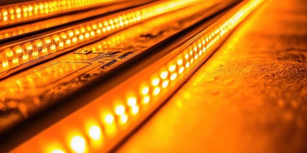 Close-up of glowing orange LED light strips on a textured surface.