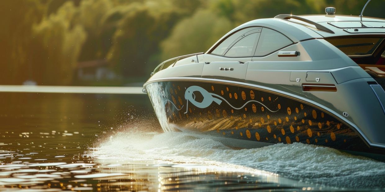 Luxury motorboat cruising on calm water at sunset with artistic fish design.