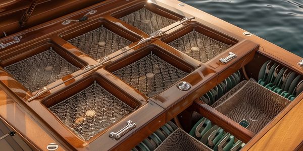 Open storage compartments on a wooden boat deck by the water.