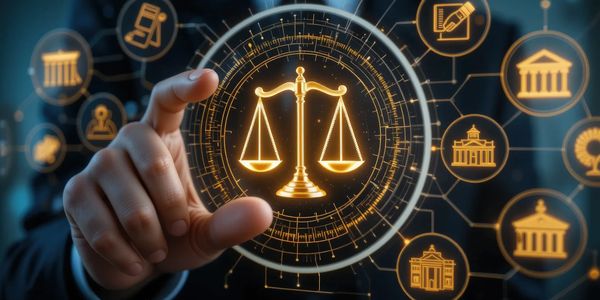 Hand interacting with glowing digital scales of justice and legal icons.