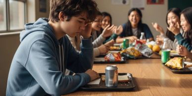 A boy sitting alone looking sad while others laugh behind.
