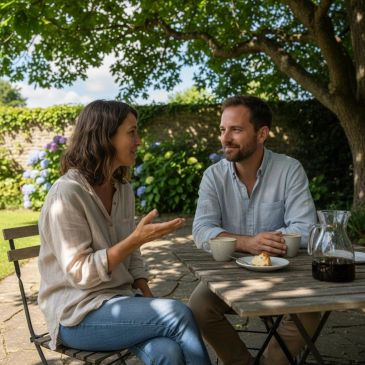 Two people engaged in a friendly conversation outdoors at a table.