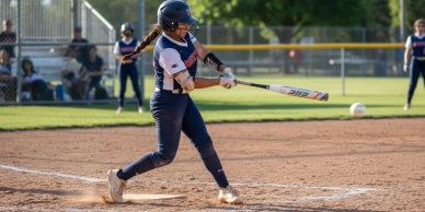 Girl hitting a softball with a bat.