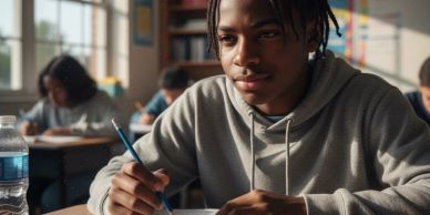 Student focused on writing in class.