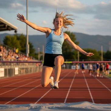 Female track athlete competing in the long jump