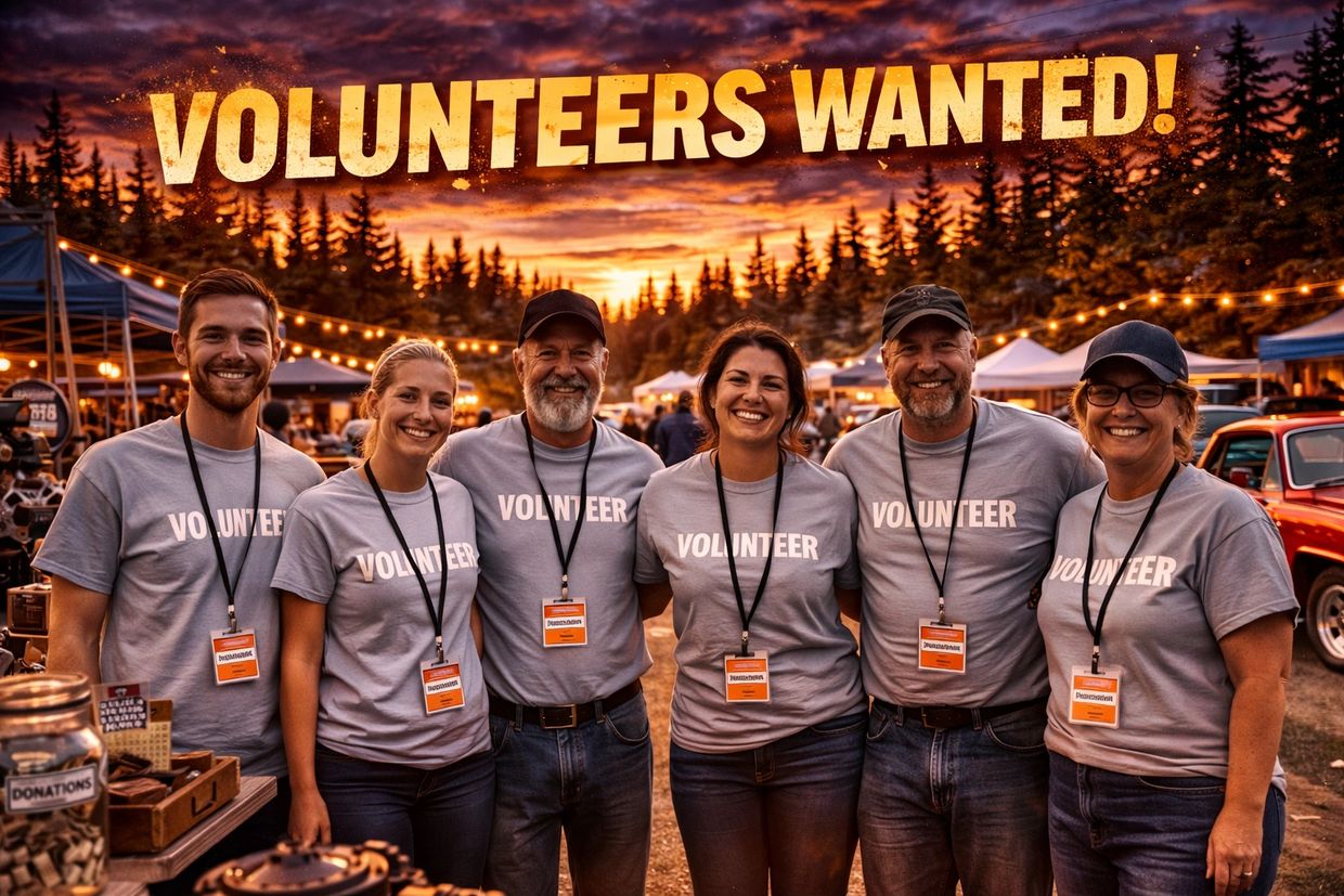 Smiling volunteers in matching shirts at a lively outdoor event at sunset.