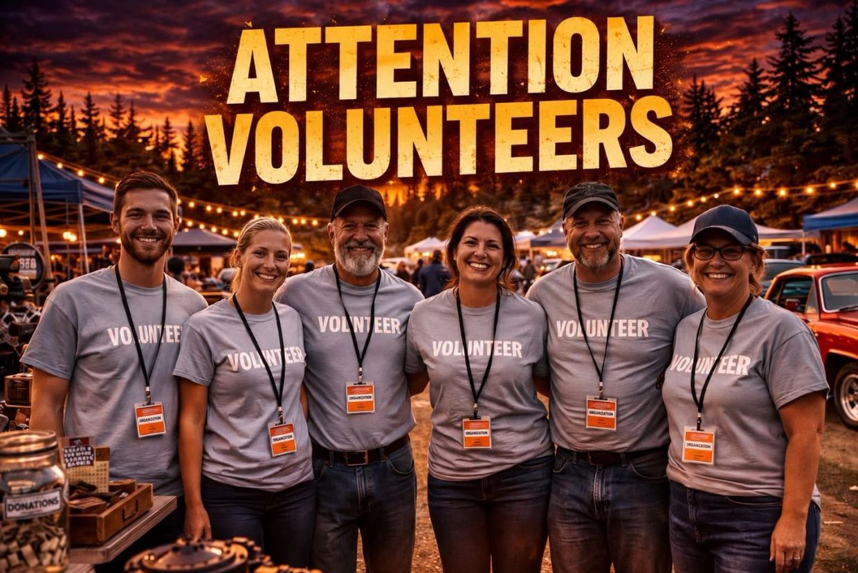 Group of smiling volunteers posing outdoors at sunset with 'Attention Volunteers' text.