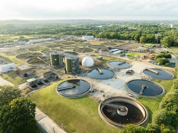 Aerial view of water treatment facility.