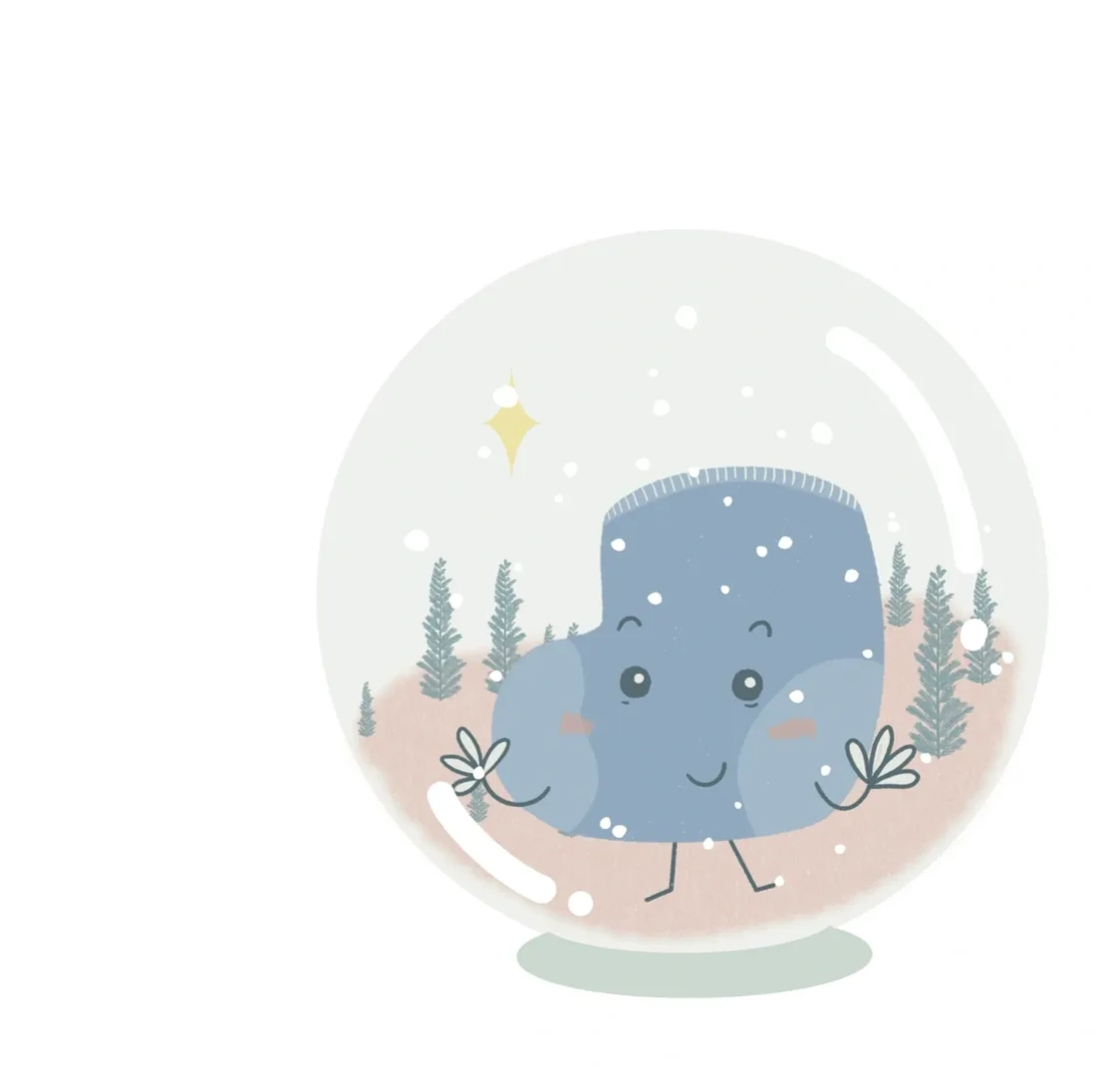 Cute blue mitten character inside a snow globe with tiny trees and snowflakes.