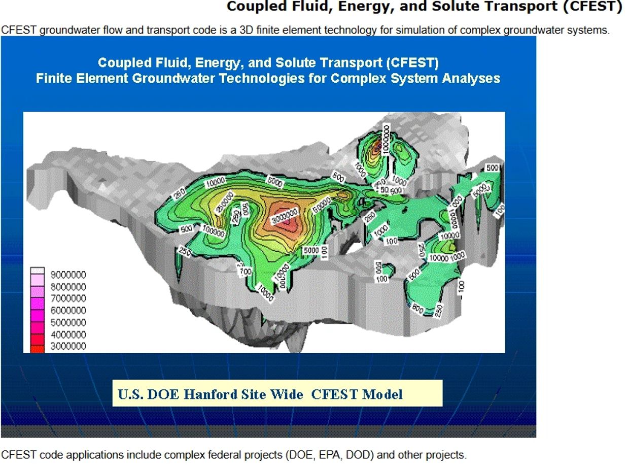 3D groundwater flow and transport model for Hanford site using CFEST technology.