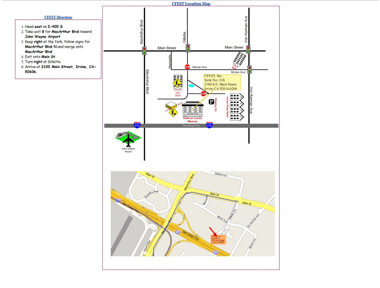 Map showing directions to CFEST at 2100 Main Street, Irvine, near John Wayne Airport.