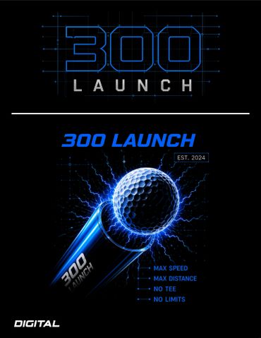 Futuristic 300 Launch golf ball design with electric blue energy effects.