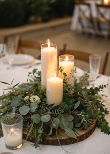 Elegant candle centerpiece with greenery on a wooden base.