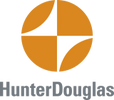 Hunter Douglas logo with orange and white circular design and gray text.