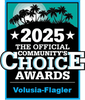 2025 Volusia-Flagler Official Community's Choice Awards logo with palm trees and stars.