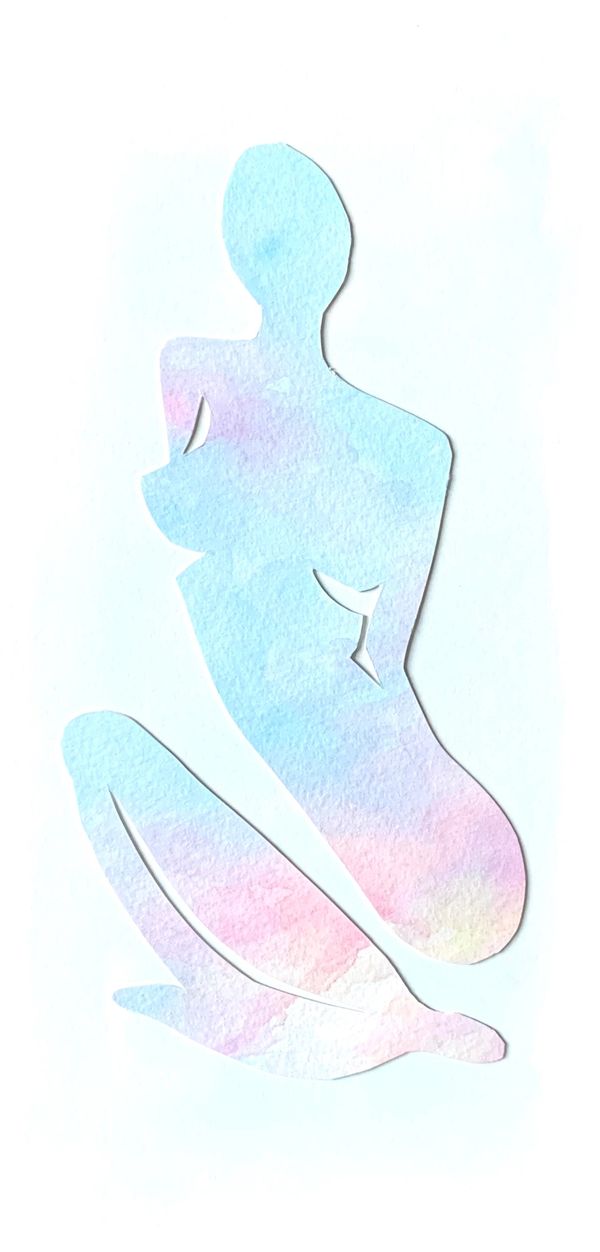 This piece features a minimalist cutout silhouette of a kneeling figure, rendered with soft, fluid w