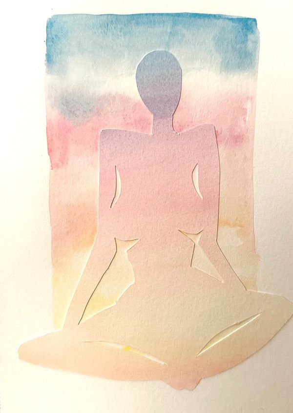 A seated silhouette cutout in a meditative pose, set against a soft, gradient watercolor wash
