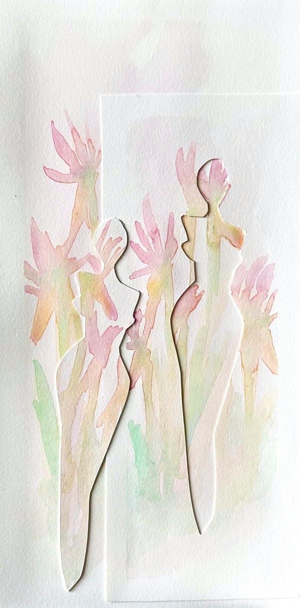 Two minimalist watercolor silhouette cutouts layered amidst a soft field of abstract florals