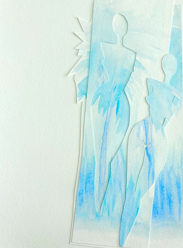 Two elongated, faceless silhouettes cut from layered watercolor paper, creating a striking interplay