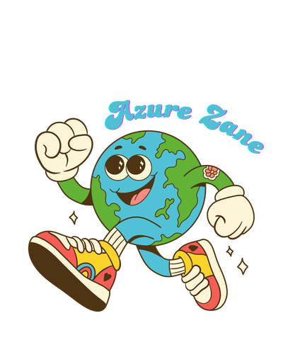 Cartoon Earth character jogging with colorful sneakers under 'Azure Zane' text.