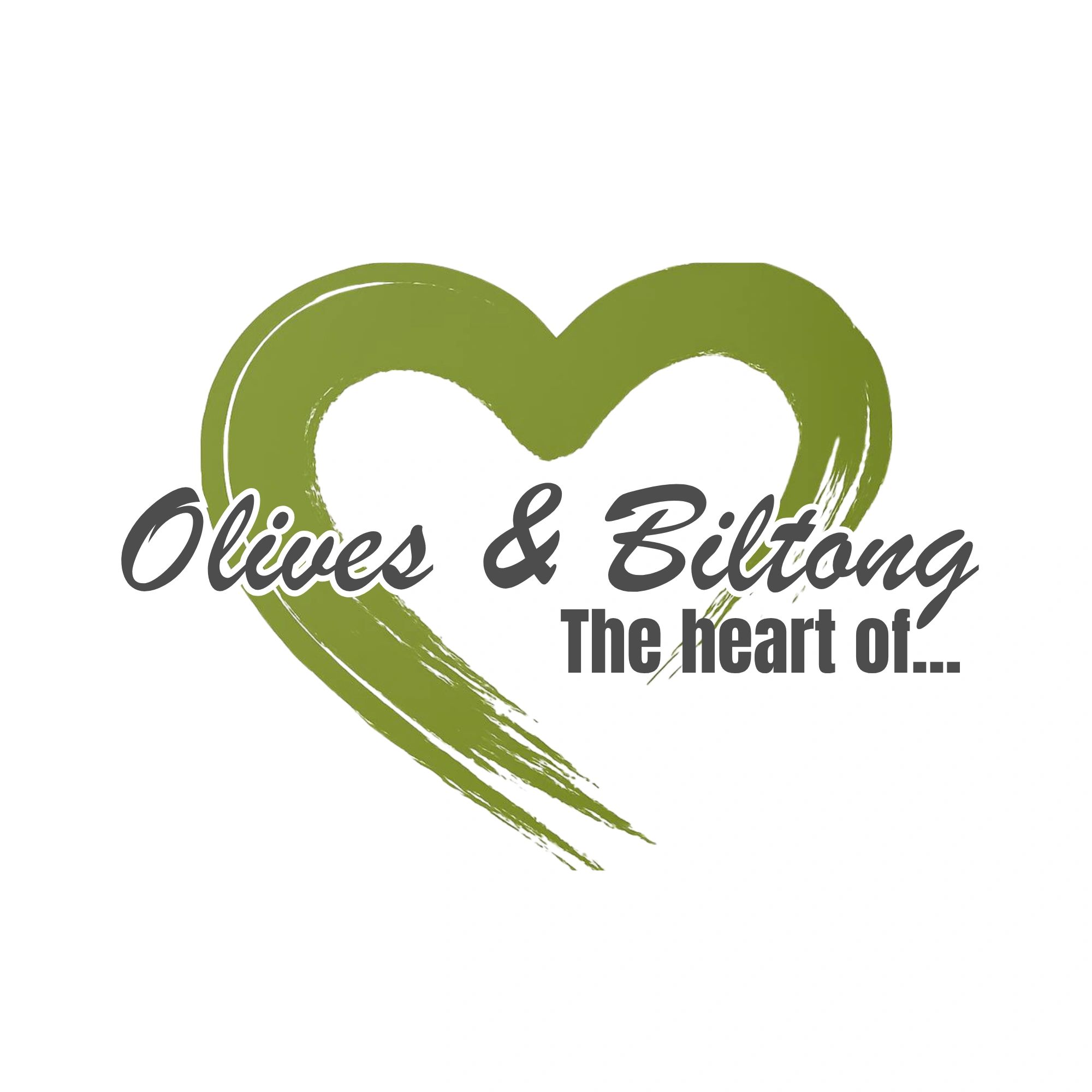 Logo with a green heart and text "Olives &amp; Biltong" and "The heart of..."