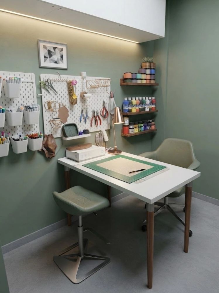 Organized craft workspace with tools and paints.
