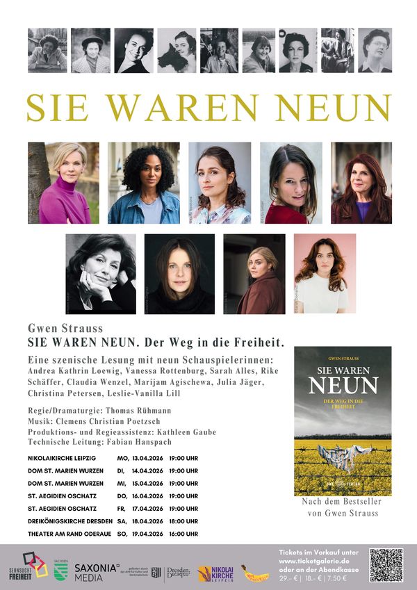 Poster for 'Sie Waren Neun' theatrical reading with nine actresses, showing event dates and locations.