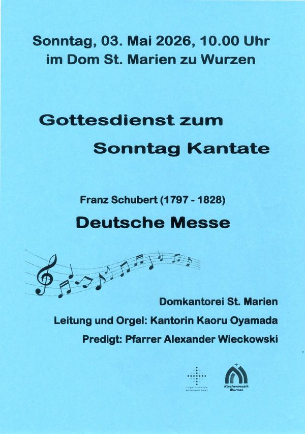 Flyer for a church service featuring Schubert's Deutsche Messe on May 3, 2026.