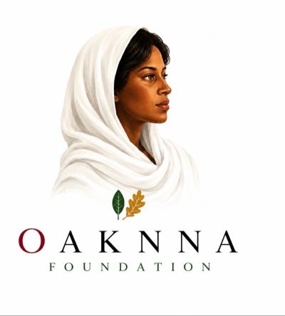 Portrait of a woman in white with Oaknna Foundation text.