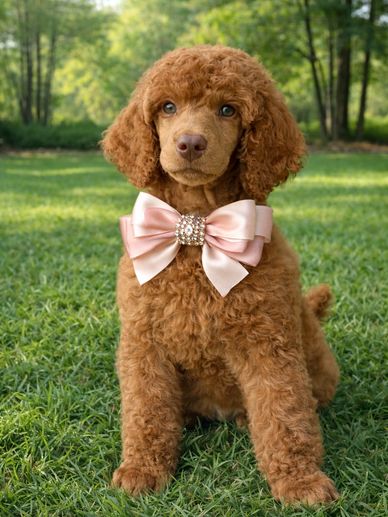 A curly brown poodle puppy with a pink bow sitting on grass.