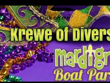 Colorful Mardi Gras beads with text about Krewe of Divers Mardi Gras Boat Party.