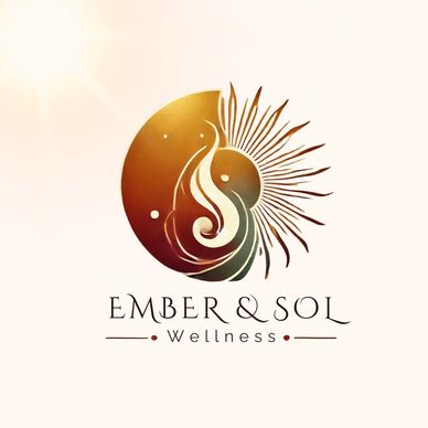 Elegant Ember &amp; Sol Wellness logo with sun and flame design.