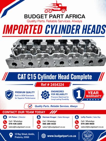 Advertisement for imported CAT C15 cylinder heads from Budget Part Africa.