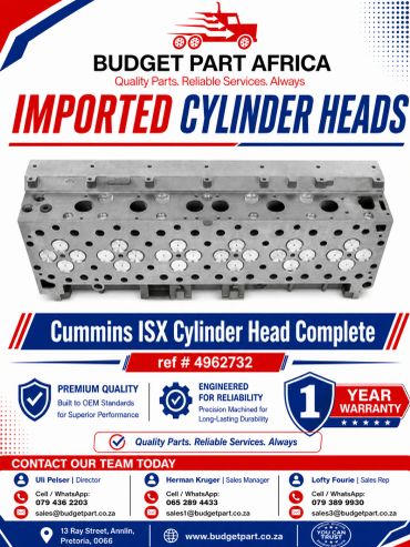 Advertisement for imported Cummins ISX cylinder heads with warranty and contact info.