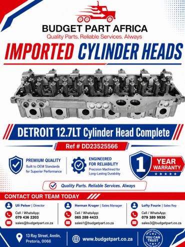 Advertisement for imported Detroit cylinder heads with warranty and contact details.