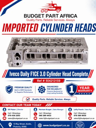 Advertisement for imported Iveco Daily F1CE 3.0 cylinder heads by Budget Part Africa with contact info.