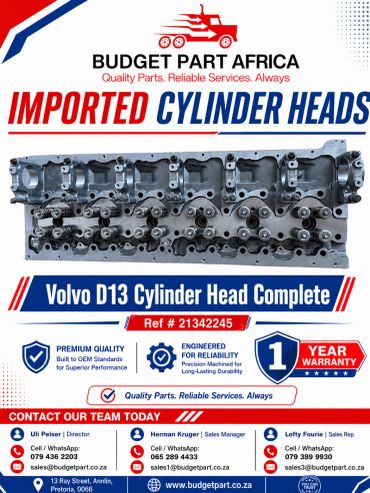 Advertisement for imported Volvo D13 cylinder heads by Budget Part Africa.