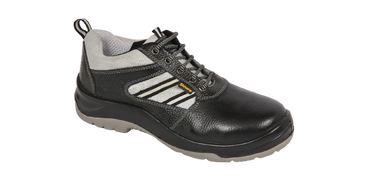Black safety shoe with gray accents and sturdy sole.