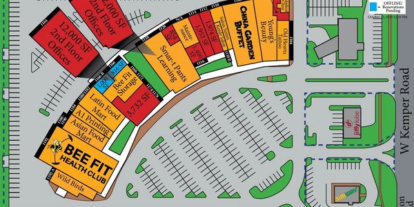 Map of a shopping center with various retail stores and parking lots.