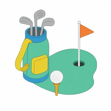 Golf bag with clubs, ball on tee, and green with flag.